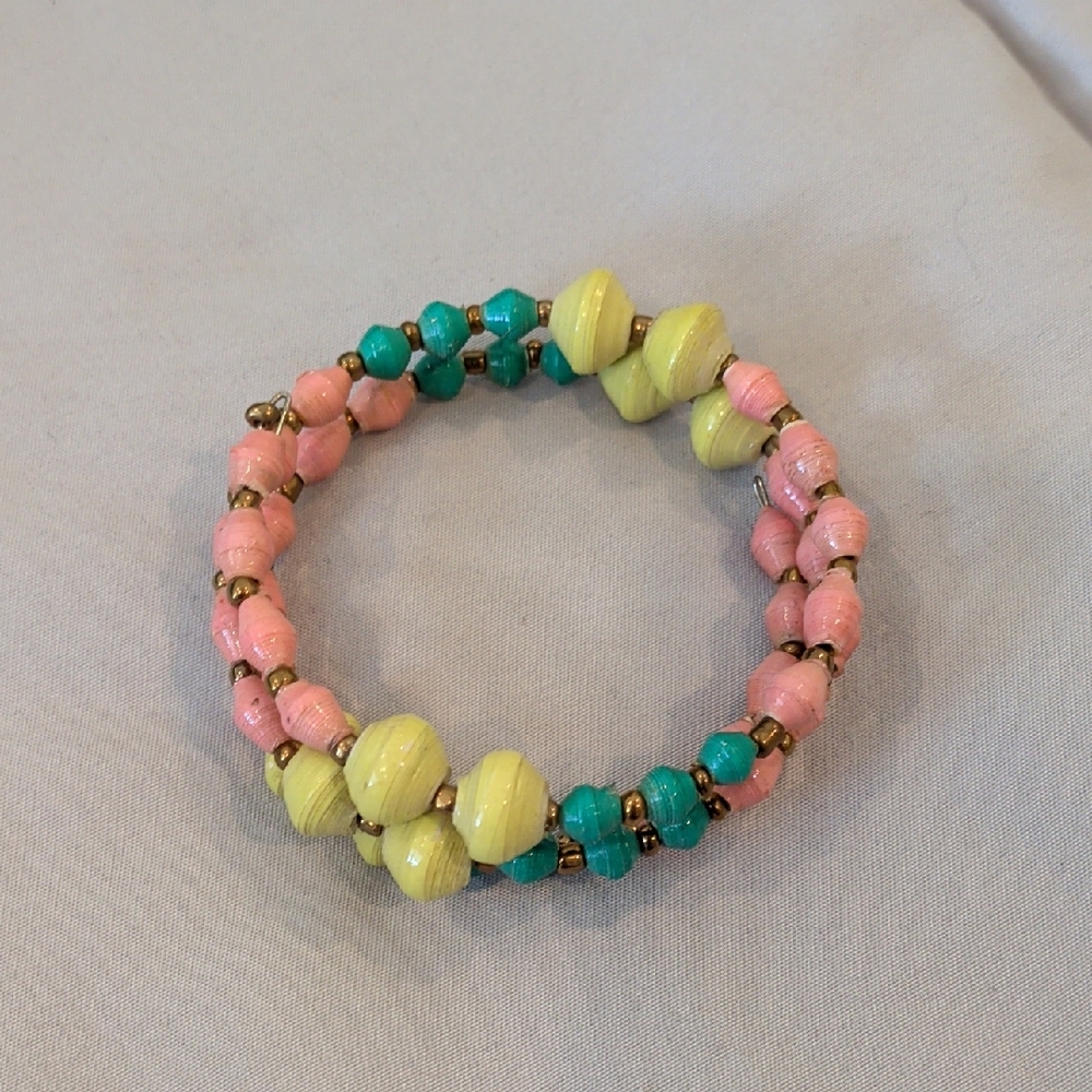 Colorblock Beaded Wrap Bracelet in Pink, Yellow & Teal Made From Recycled Paper